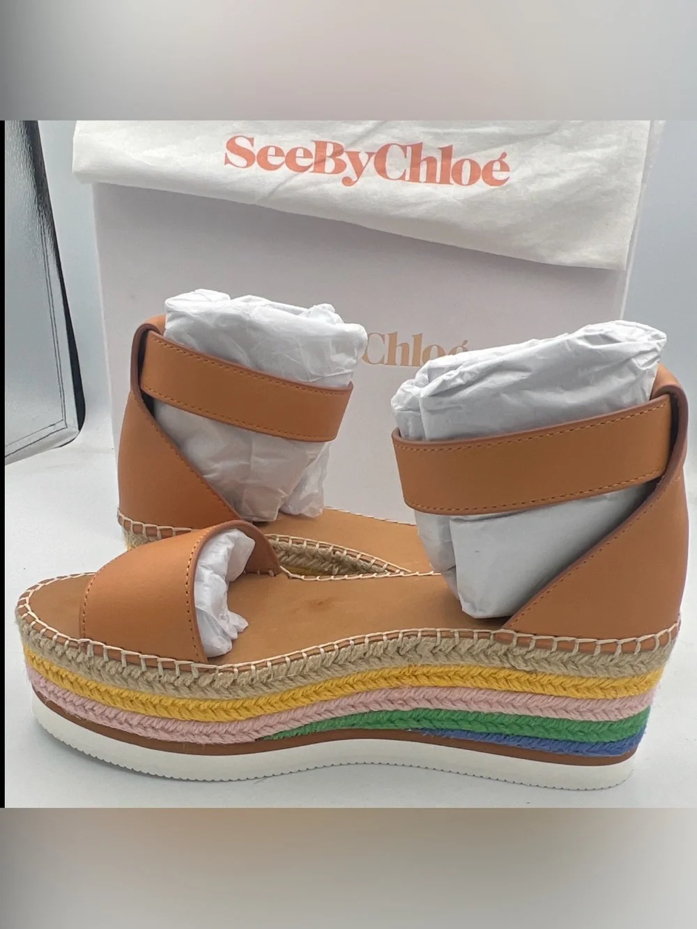 See by Chloé Glyn Tan Leather Espadrille Platform Wedge Sandal EU 40 NEWw/BOX